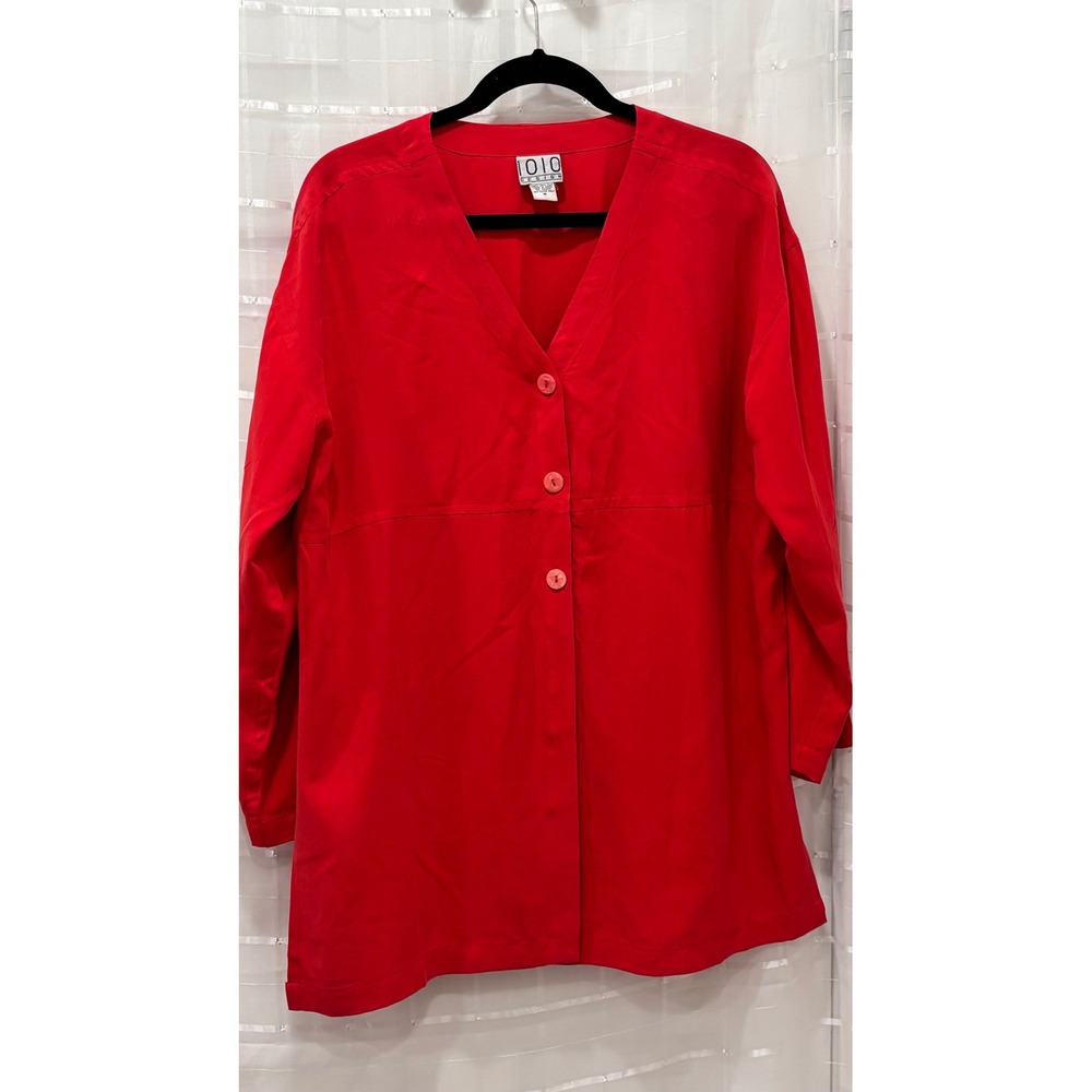 1010 Design Red 100% Silk V-Neck Button Front Tunic Top Long Sleeve Medium